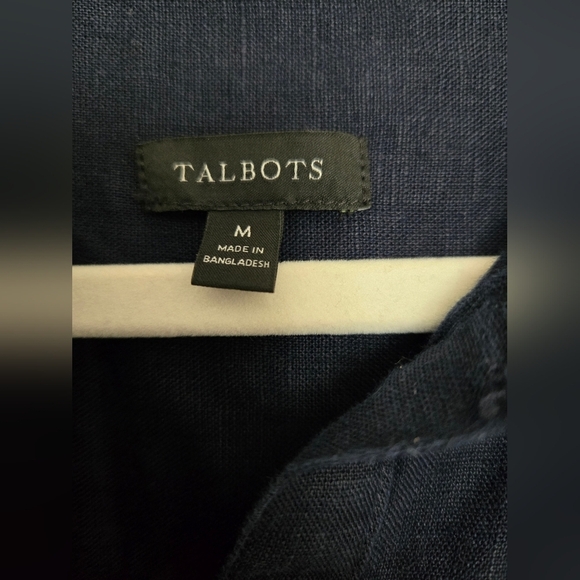 Talbots 100% Linen Navy Button-Up Shirt Dress double pocket flutter hem | Size M - Picture 3 of 5